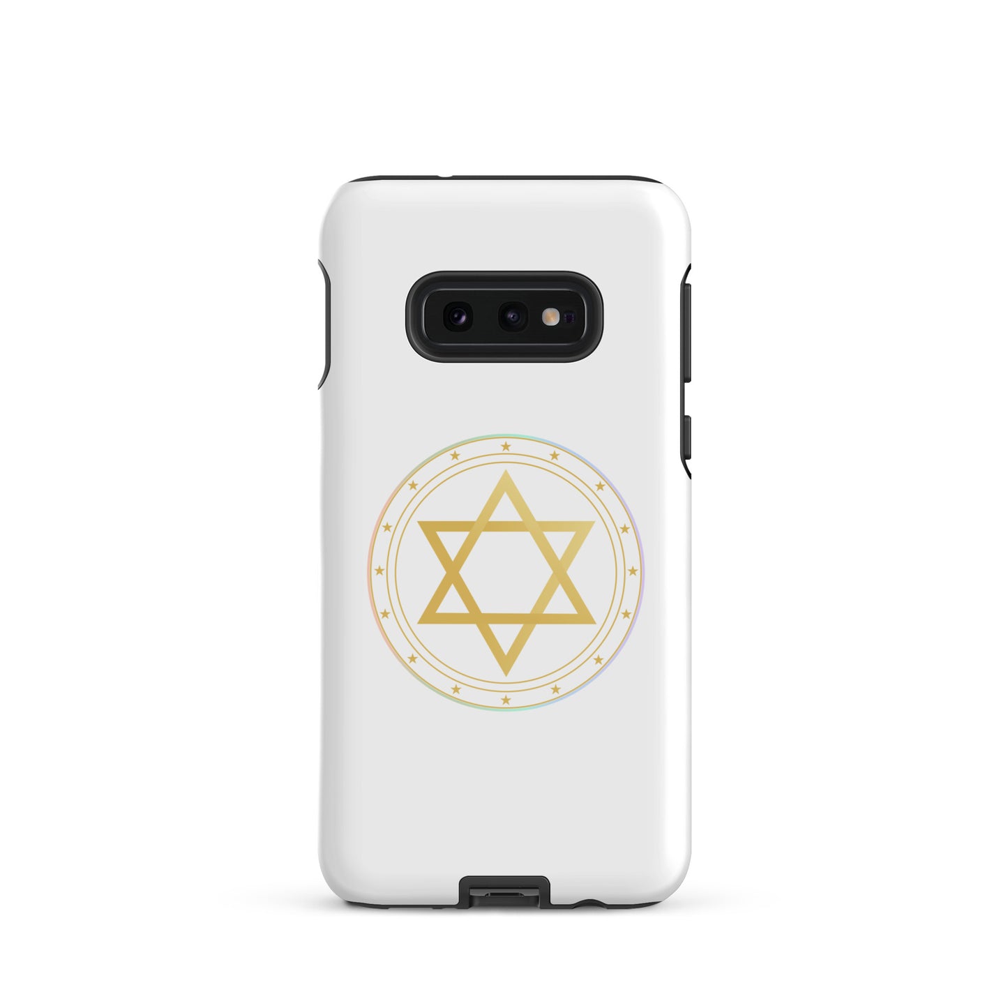 Gold sacred geometry phone case featuring 5 elements symbols: Earth, Fire, Water Air, and ether. Spiritual protection and intuition catalyst design.