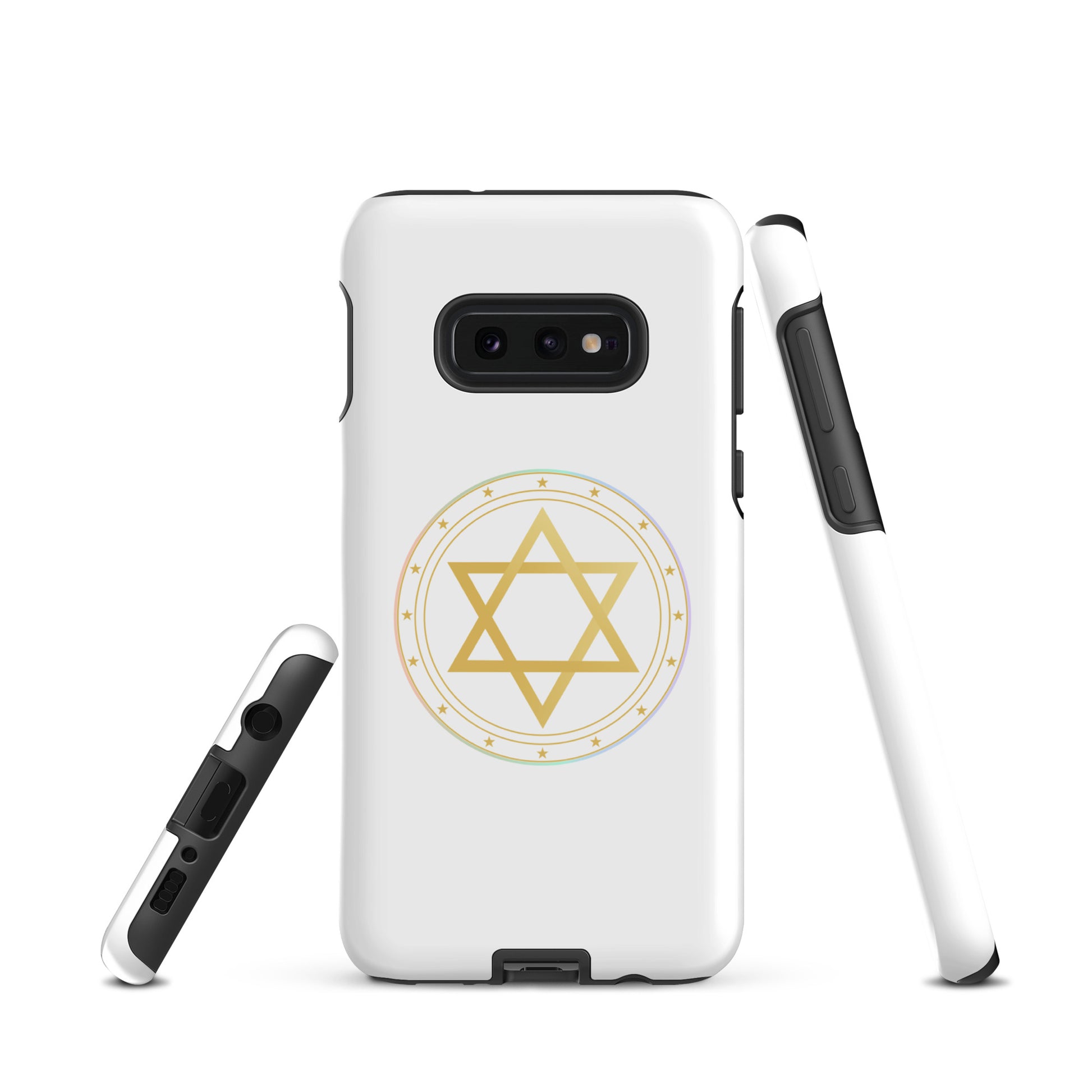 Gold sacred geometry phone case featuring 5 elements symbols: Earth, Fire, Water Air, and Aether. Spiritual protection and intuition catalyst design.