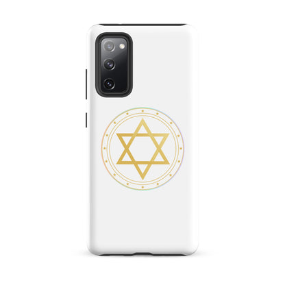 Phone case with a Gold sacred geometry phone case featuring 5 elements symbols: Earth, Fire, Water Air, and ether. Spiritual protection and intuition catalyst design.