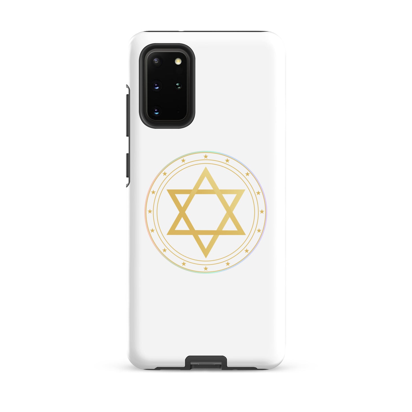 Phone case with a Gold sacred geometry phone case featuring 5 elements symbols: Earth, Fire, Water Air, and ether. Spiritual protection and intuition catalyst design.