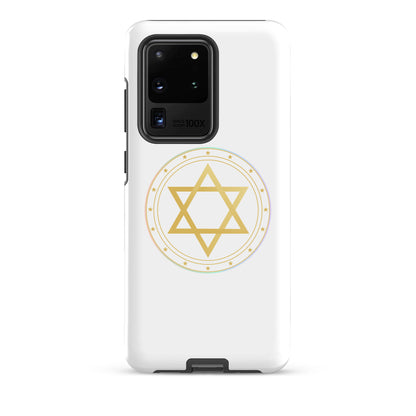 Phone case with a Gold sacred geometry phone case featuring 5 elements symbols: Earth, Fire, Water Air, and ether. Spiritual protection and intuition catalyst design.
