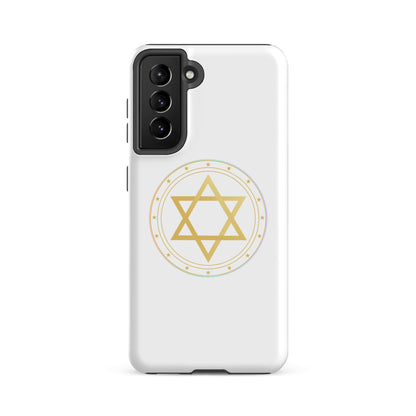 Phone case with a Gold sacred geometry phone case featuring 5 elements symbols: Earth, Fire, Water Air, and ether. Spiritual protection and intuition catalyst design.