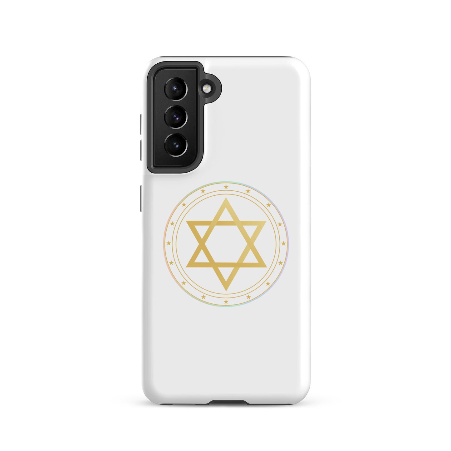 Phone case with a Gold sacred geometry phone case featuring 5 elements symbols: Earth, Fire, Water Air, and ether. Spiritual protection and intuition catalyst design.