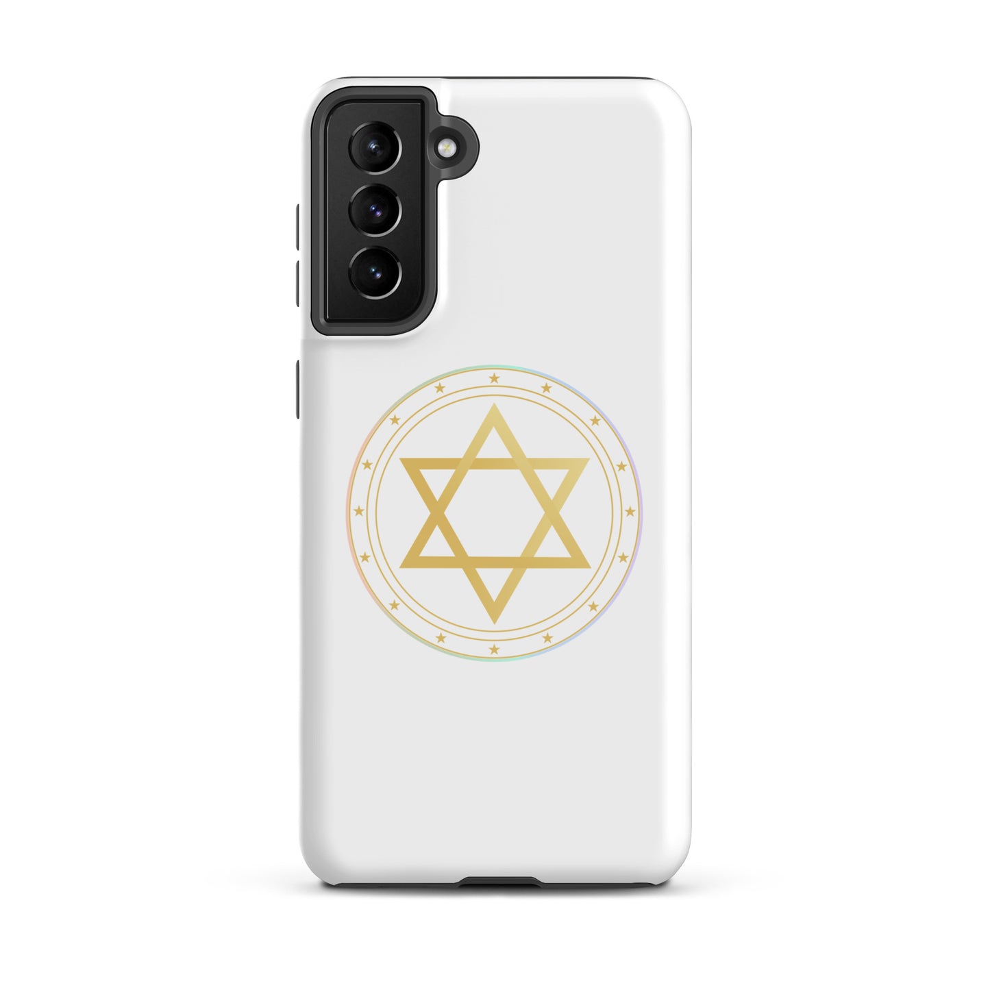 Phone case with a Gold sacred geometry phone case featuring 5 elements symbols: Earth, Fire, Water Air, and ether. Spiritual protection and intuition catalyst design.