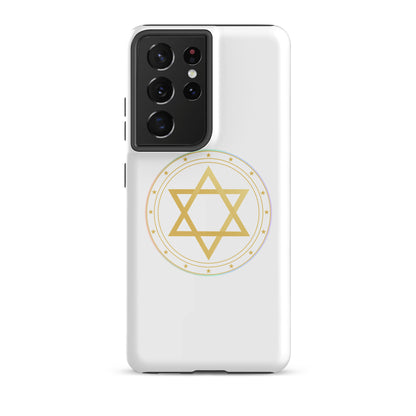 Phone case with a Gold sacred geometry phone case featuring 5 elements symbols: Earth, Fire, Water Air, and ether. Spiritual protection and intuition catalyst design.