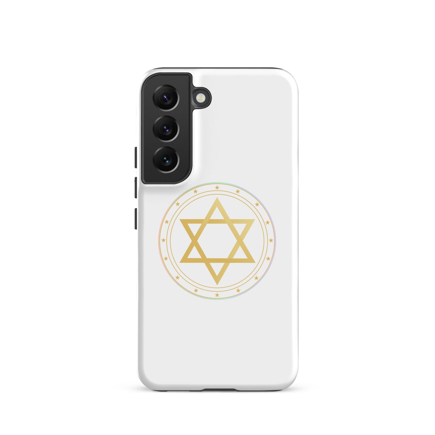 Phone case with a Gold sacred geometry phone case featuring 5 elements symbols: Earth, Fire, Water Air, and ether. Spiritual protection and intuition catalyst design.