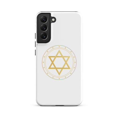 Phone case with a Gold sacred geometry phone case featuring 5 elements symbols: Earth, Fire, Water Air, and ether. Spiritual protection and intuition catalyst design.