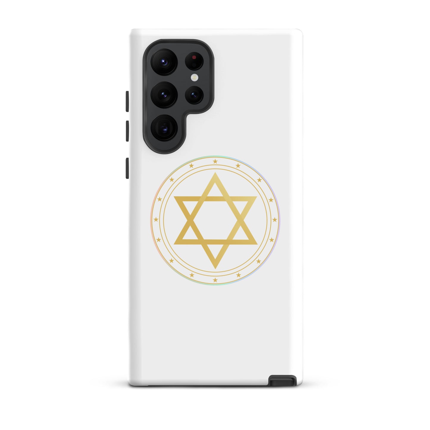 Phone case with a Gold sacred geometry phone case featuring 5 elements symbols: Earth, Fire, Water Air, and ether. Spiritual protection and intuition catalyst design.