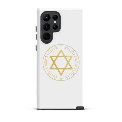 Phone case with a Gold sacred geometry phone case featuring 5 elements symbols: Earth, Fire, Water Air, and ether. Spiritual protection and intuition catalyst design.