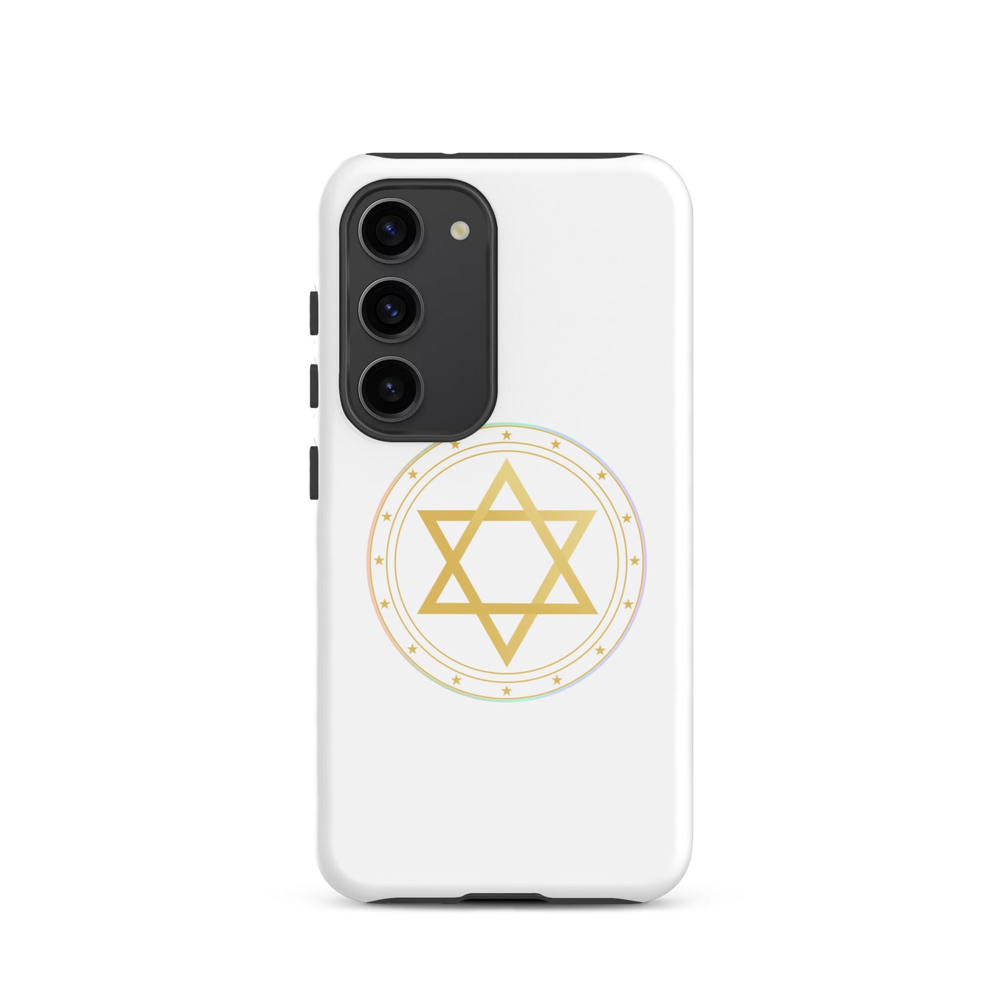 Phone case with a Gold sacred geometry phone case featuring 5 elements symbols: Earth, Fire, Water Air, and ether. Spiritual protection and intuition catalyst design.