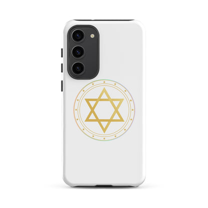 Phone case with a Gold sacred geometry phone case featuring 5 elements symbols: Earth, Fire, Water Air, and ether. Spiritual protection and intuition catalyst design.