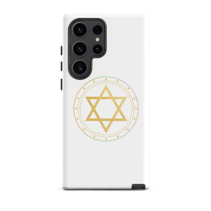 Phone case with a Gold sacred geometry phone case featuring 5 elements symbols: Earth, Fire, Water Air, and ether. Spiritual protection and intuition catalyst design.
