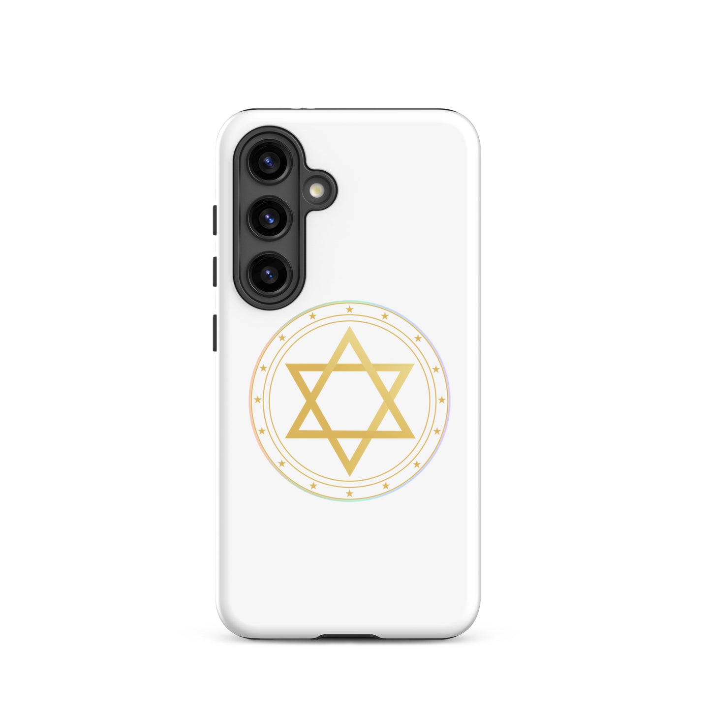 White phone case with a Gold sacred geometry phone case featuring 5 elements symbols: Earth, Fire, Water Air, and ether. Spiritual protection and intuition catalyst design.