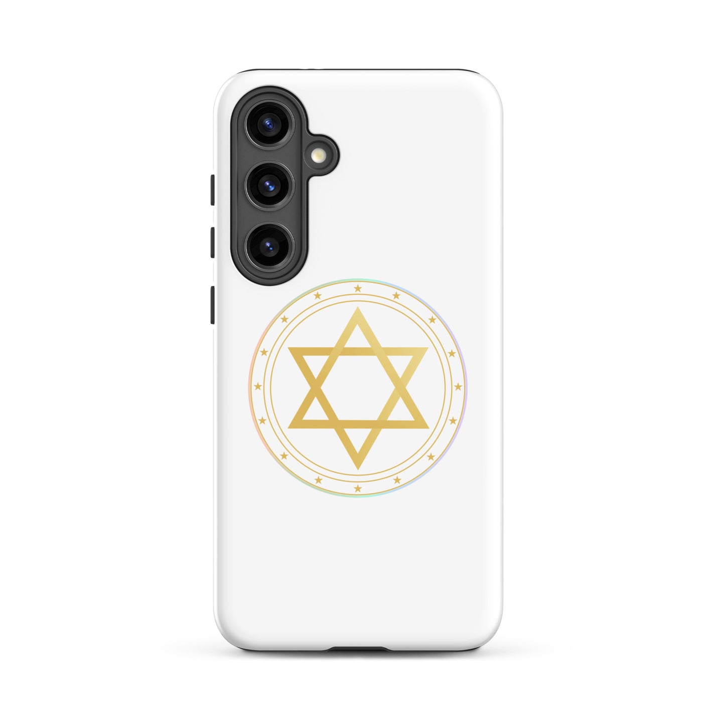 Phone case with a Gold sacred geometry phone case featuring 5 elements symbols: Earth, Fire, Water Air, and ether. Spiritual protection and intuition catalyst design.
