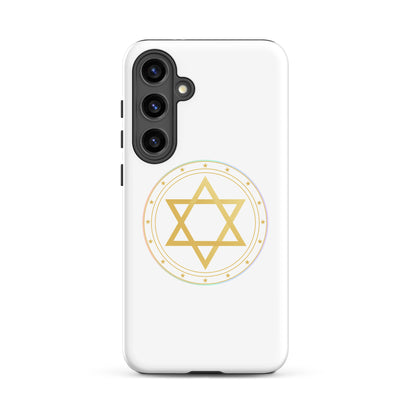 Phone case with a Gold sacred geometry phone case featuring 5 elements symbols: Earth, Fire, Water Air, and ether. Spiritual protection and intuition catalyst design.