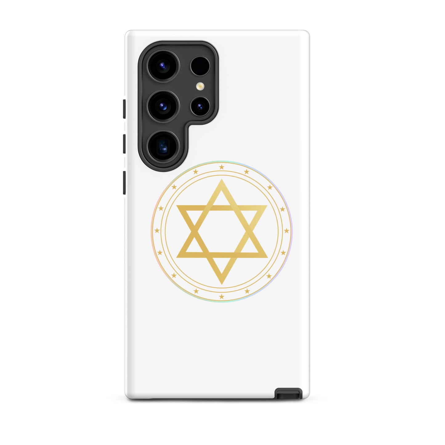 Phone case with a Gold sacred geometry phone case featuring 5 elements symbols: Earth, Fire, Water Air, and ether. Spiritual protection and intuition catalyst design.