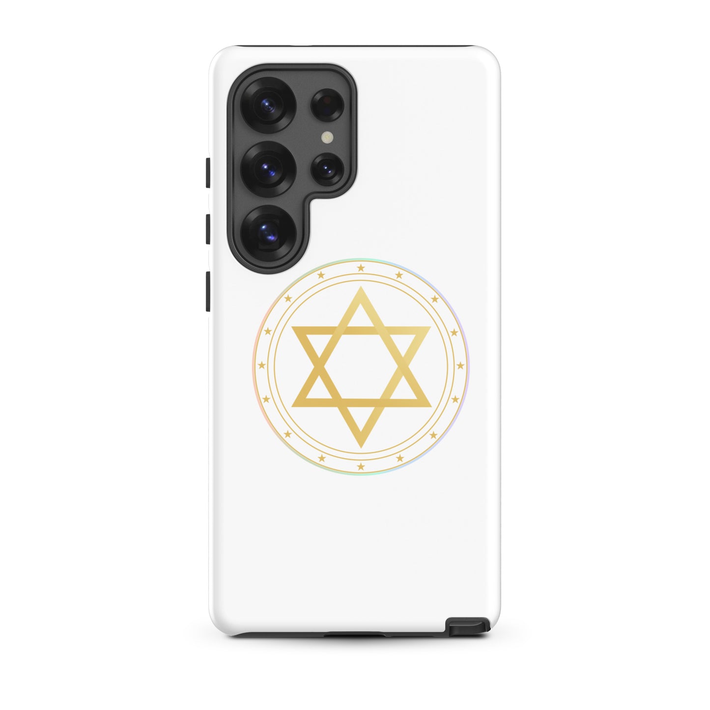 Phone case with a Gold sacred geometry phone case featuring 5 elements symbols: Earth, Fire, Water Air, and ether. Spiritual protection and intuition catalyst design.