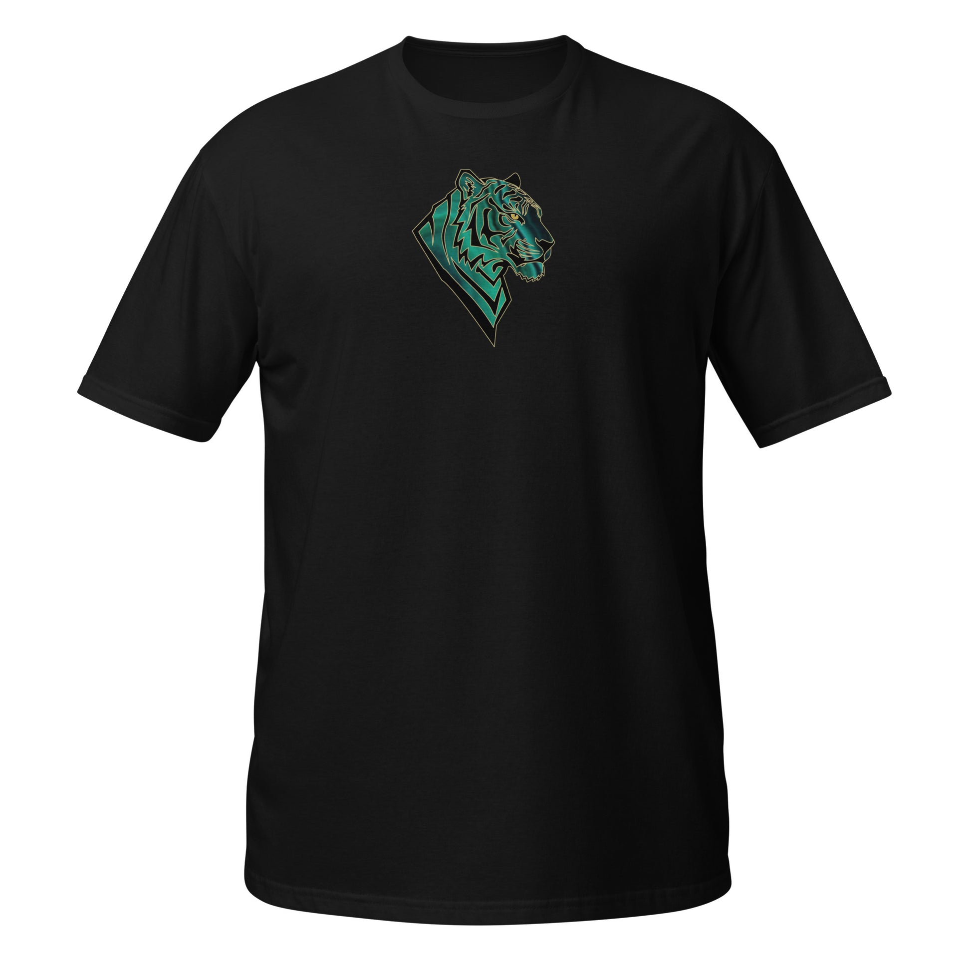 Black t-shirt with a t-shirt with  a geometric tiger head with emerald green malachite textures and golden eyes. Symbolizing transformation, inner power, and spiritual alignment."