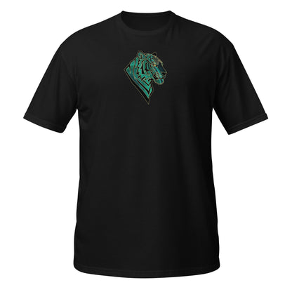 Black t-shirt with a t-shirt with  a geometric tiger head with emerald green malachite textures and golden eyes. Symbolizing transformation, inner power, and spiritual alignment."