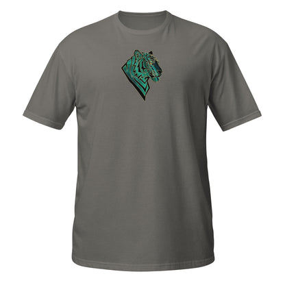 Gray t-shirt with a t-shirt with  a geometric tiger head with emerald green malachite textures and golden eyes. Symbolizing transformation, inner power, and spiritual alignment."
