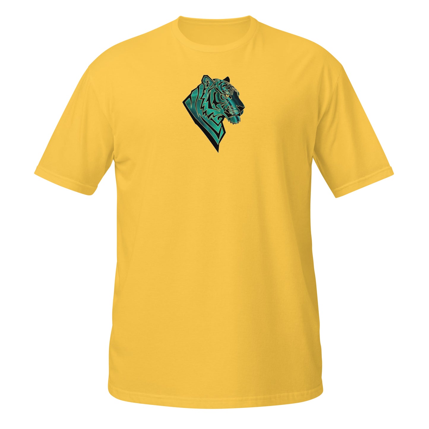 Yellow t-shirt with a t-shirt with  a geometric tiger head with emerald green malachite textures and golden eyes. Symbolizing transformation, inner power, and spiritual alignment."