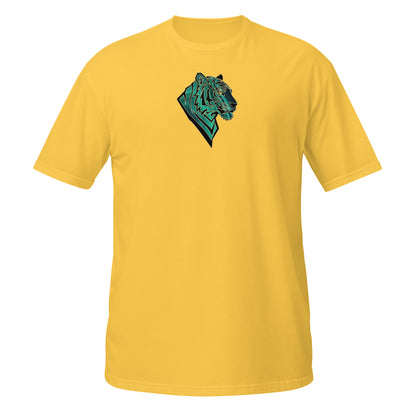 Yellow t-shirt with a t-shirt with  a geometric tiger head with emerald green malachite textures and golden eyes. Symbolizing transformation, inner power, and spiritual alignment."