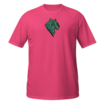Pink t-shirt with a t-shirt with  a geometric tiger head with emerald green malachite textures and golden eyes. Symbolizing transformation, inner power, and spiritual alignment."