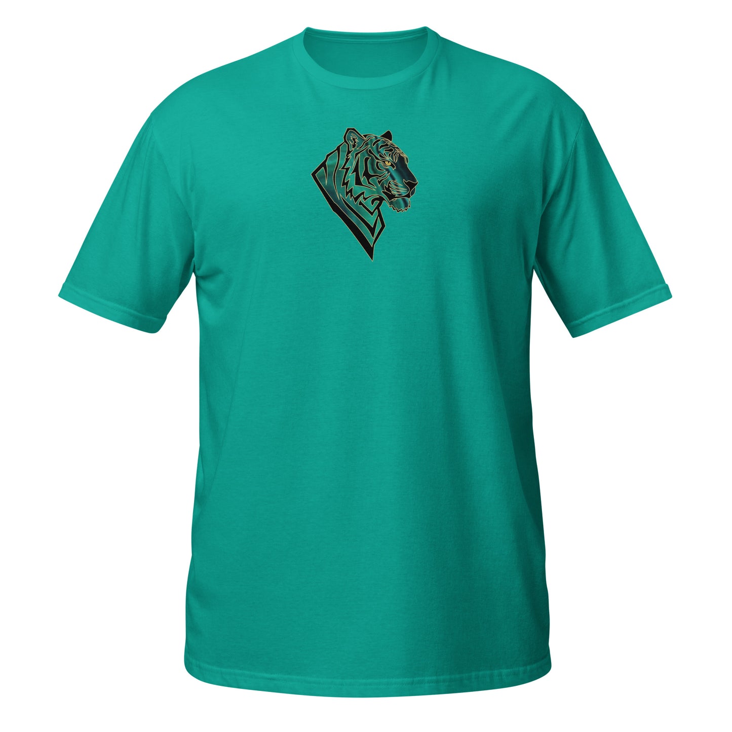 Teal t-shirt with a t-shirt with  a geometric tiger head with emerald green malachite textures and golden eyes. Symbolizing transformation, inner power, and spiritual alignment."