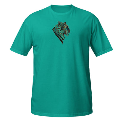Teal t-shirt with a t-shirt with  a geometric tiger head with emerald green malachite textures and golden eyes. Symbolizing transformation, inner power, and spiritual alignment."