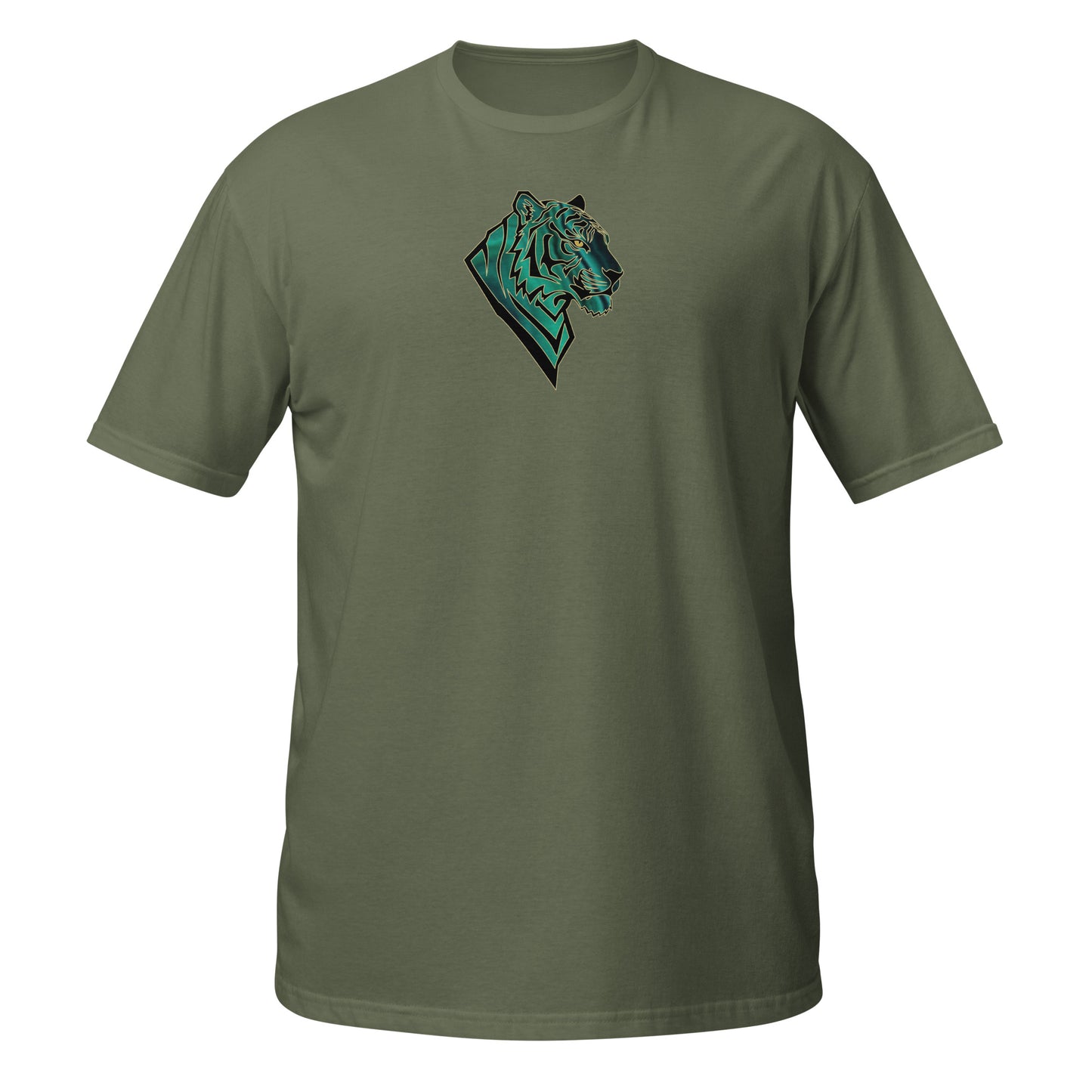 Green t-shirt with  a t-shirt with  a geometric tiger head with emerald green malachite textures and golden eyes. Symbolizing transformation, inner power, and spiritual alignment."