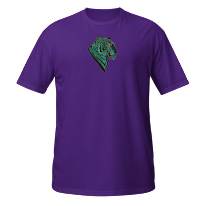 Purple t-shirt with a t-shirt with  a geometric tiger head with emerald green malachite textures and golden eyes. Symbolizing transformation, inner power, and spiritual alignment."