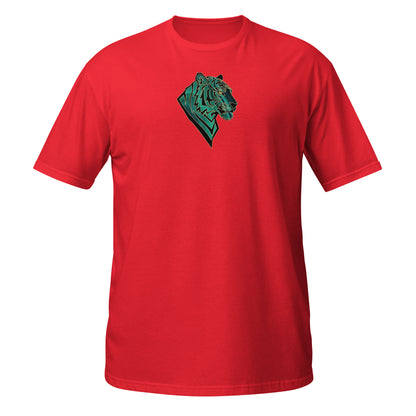 Red t-shirt with  a t-shirt with  a geometric tiger head with emerald green malachite textures and golden eyes. Symbolizing transformation, inner power, and spiritual alignment."
