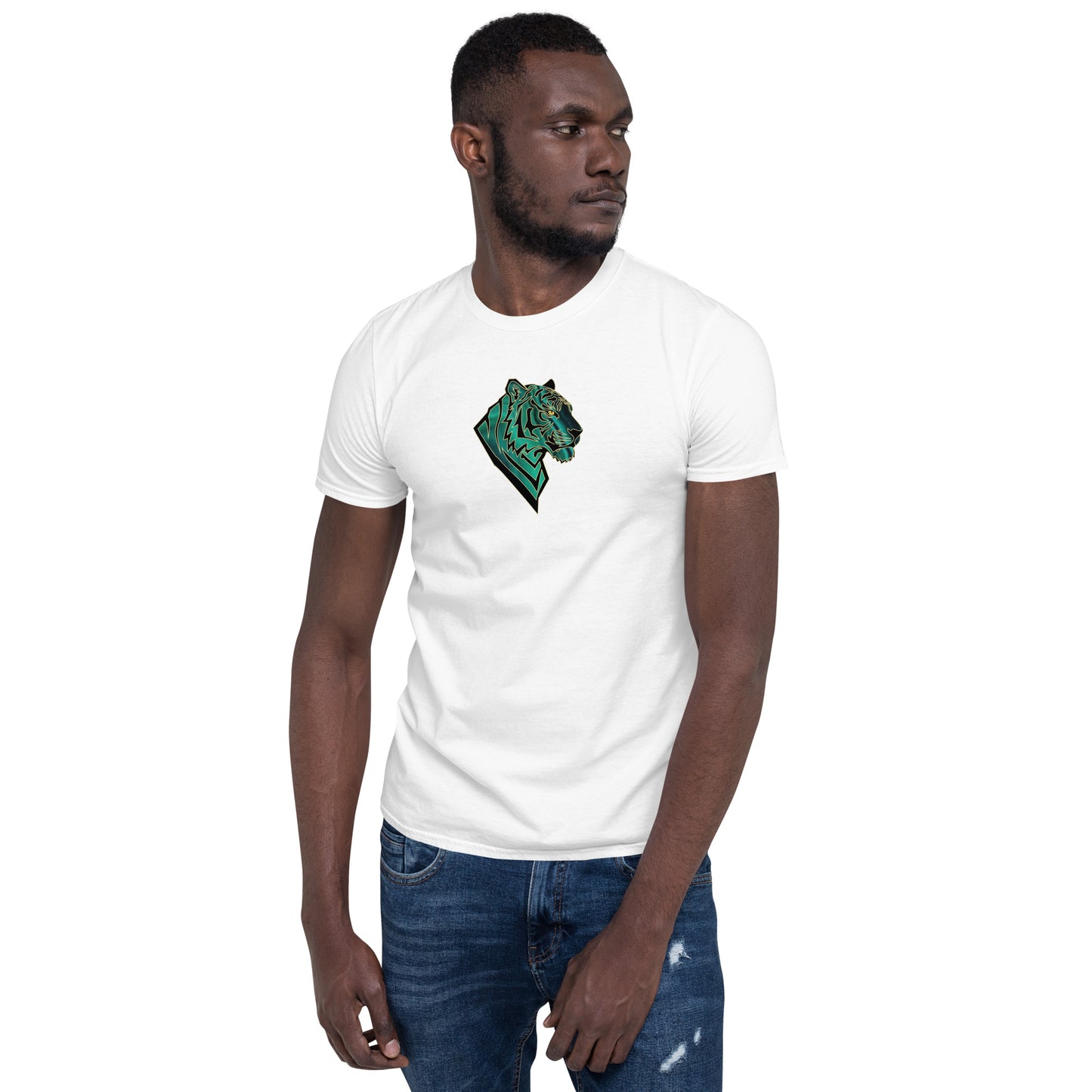 Man wearing a white t-shirt with a geometric tiger head with emerald green malachite textures and golden eyes. Symbolizing transformation, inner power, and spiritual alignment."