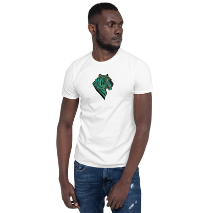 Man wearing a white t-shirt with a geometric tiger head with emerald green malachite textures and golden eyes. Symbolizing transformation, inner power, and spiritual alignment."