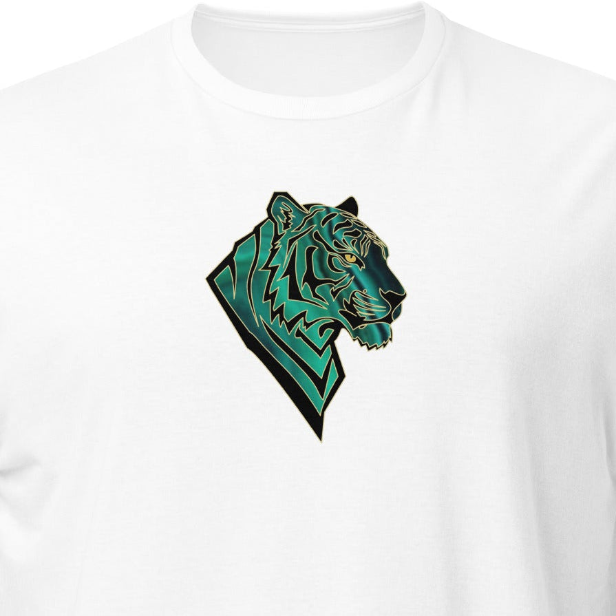 White t-shirt with a geometric tiger head with emerald green malachite textures and golden eyes. Symbolizing transformation, inner power, and spiritual alignment."
