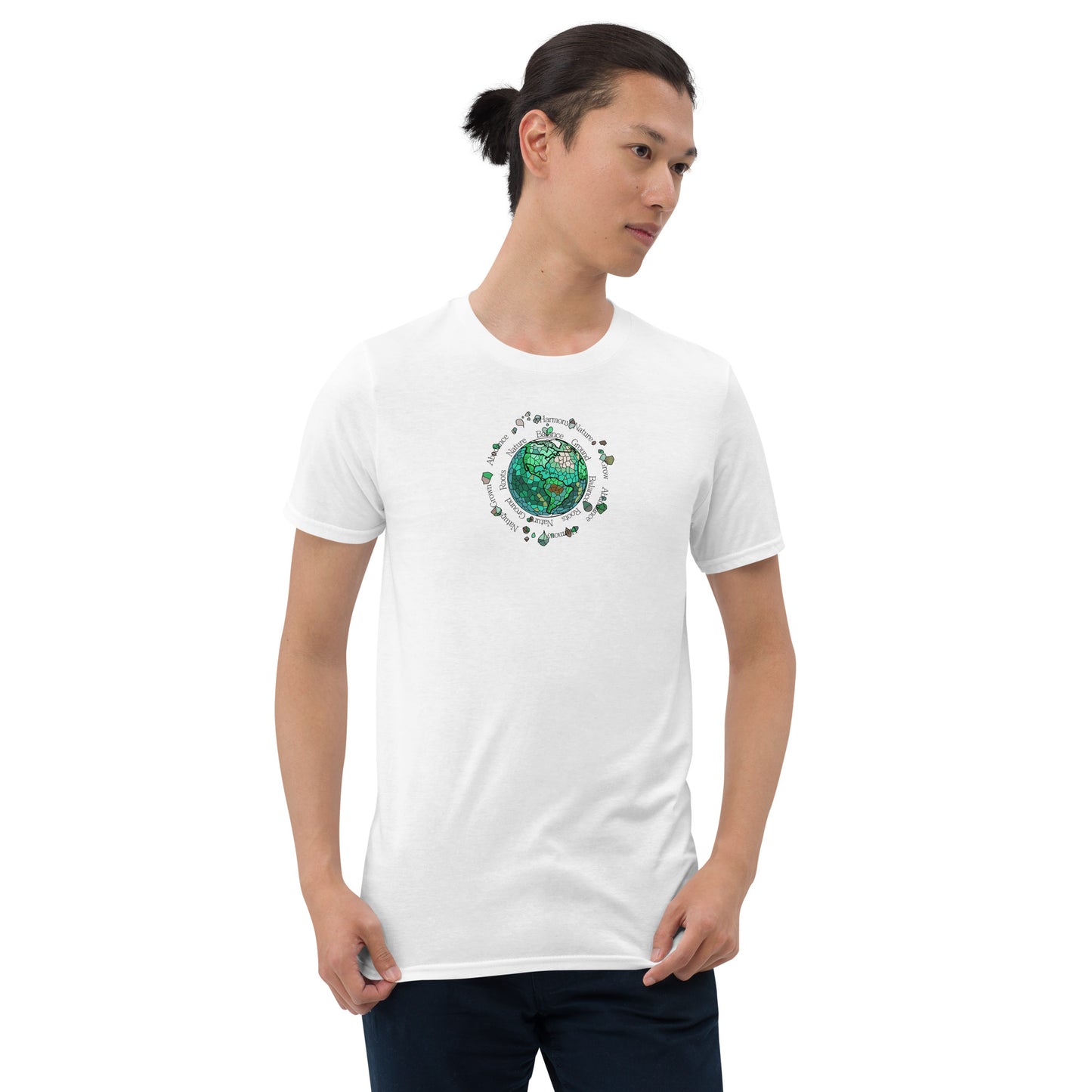 White unisex T-shirt with a vibrant earth element graphic design from the Elements collection, isolated on a white background