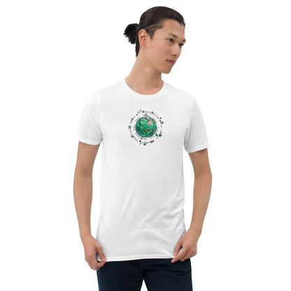 White unisex T-shirt with a vibrant earth element graphic design from the Elements collection, isolated on a white background