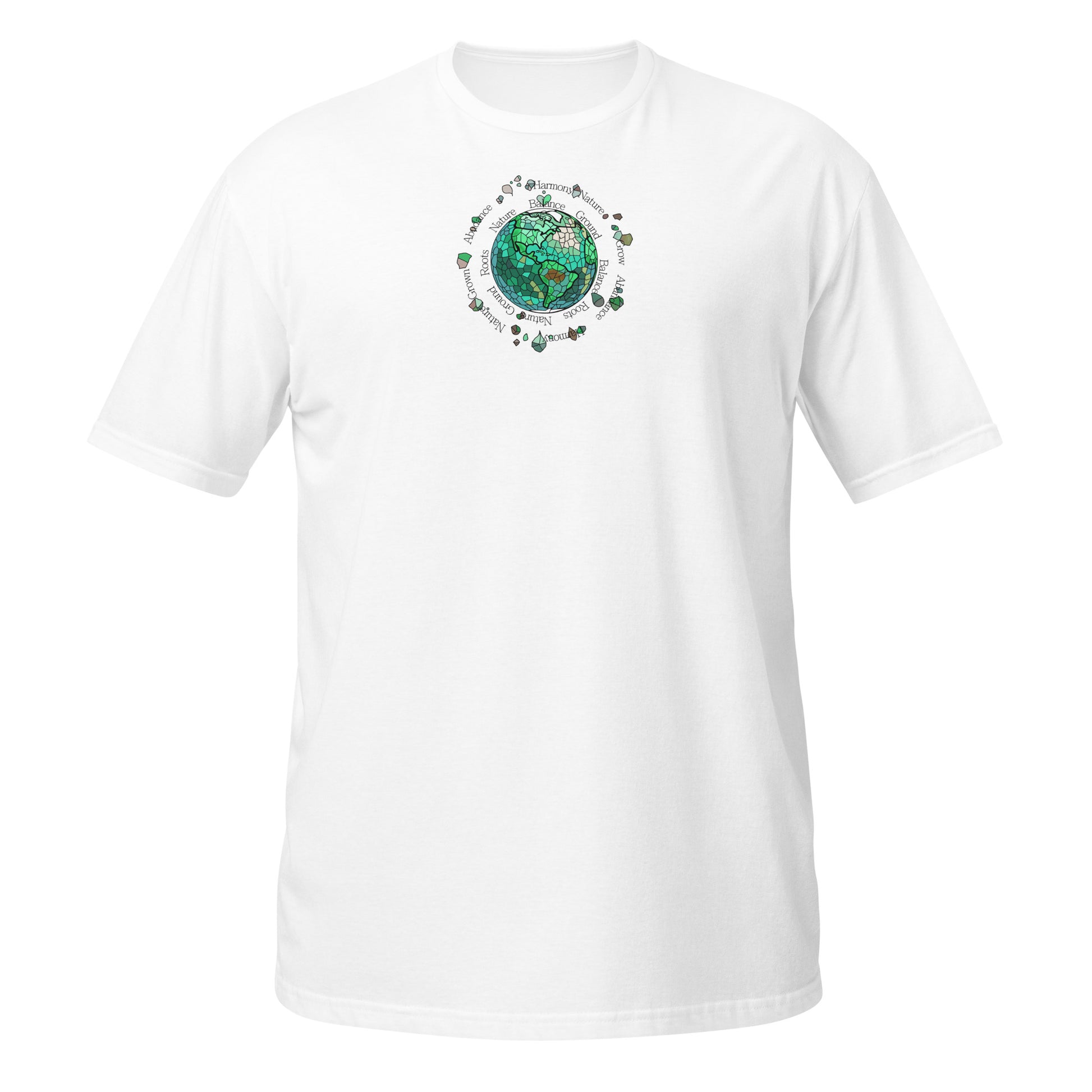 White unisex T-shirt with a vibrant earth element graphic design from the Elements collection, isolated on a white background