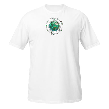 White unisex T-shirt with a vibrant earth element graphic design from the Elements collection, isolated on a white background