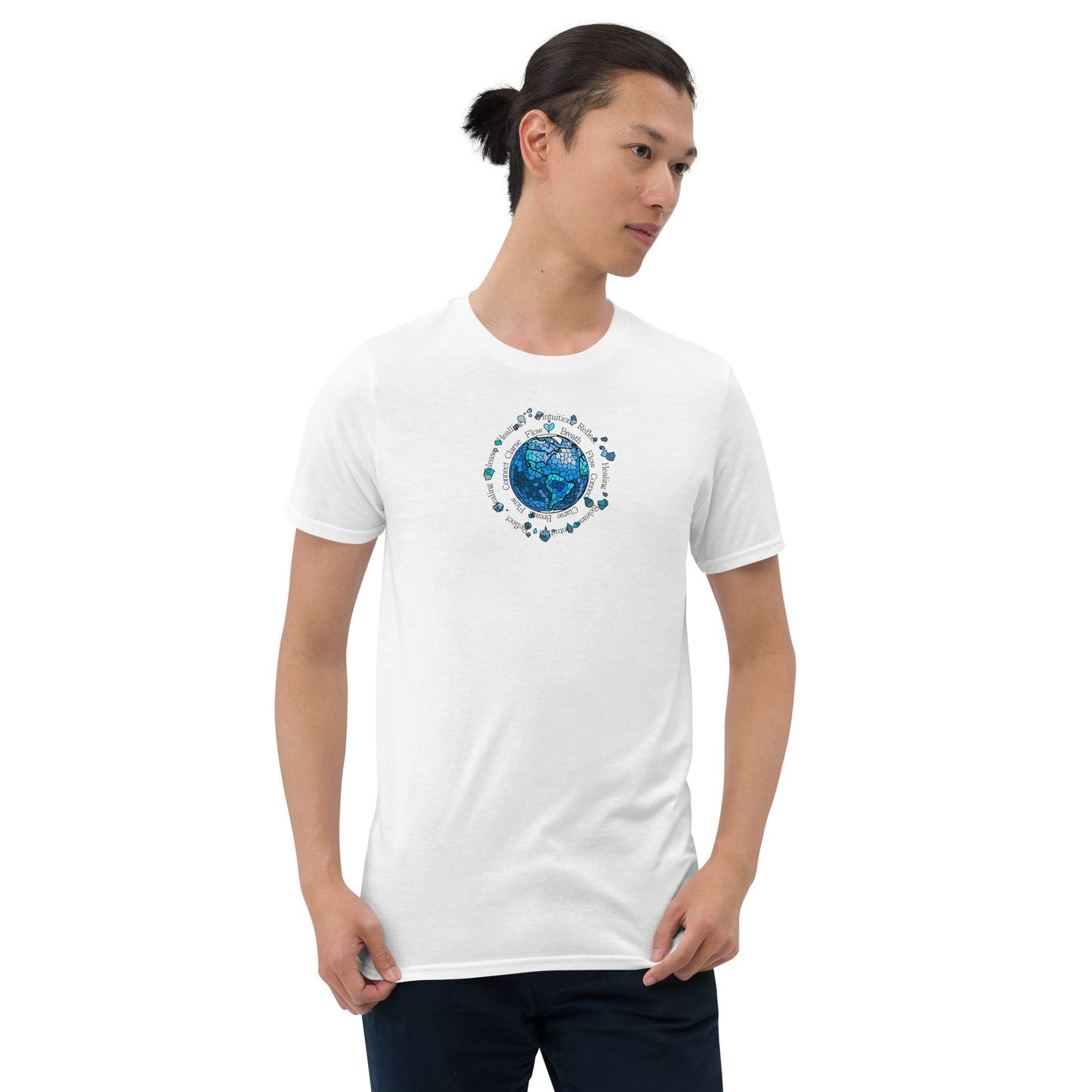 Man wearing a white t-shirt with a "Vision 2026 Water Element design. Sacred circle featuring Flow, Breath, and Intuition. Symbolizing spiritual healing, clarity, and the power to release the old to embrace the new flow of life."