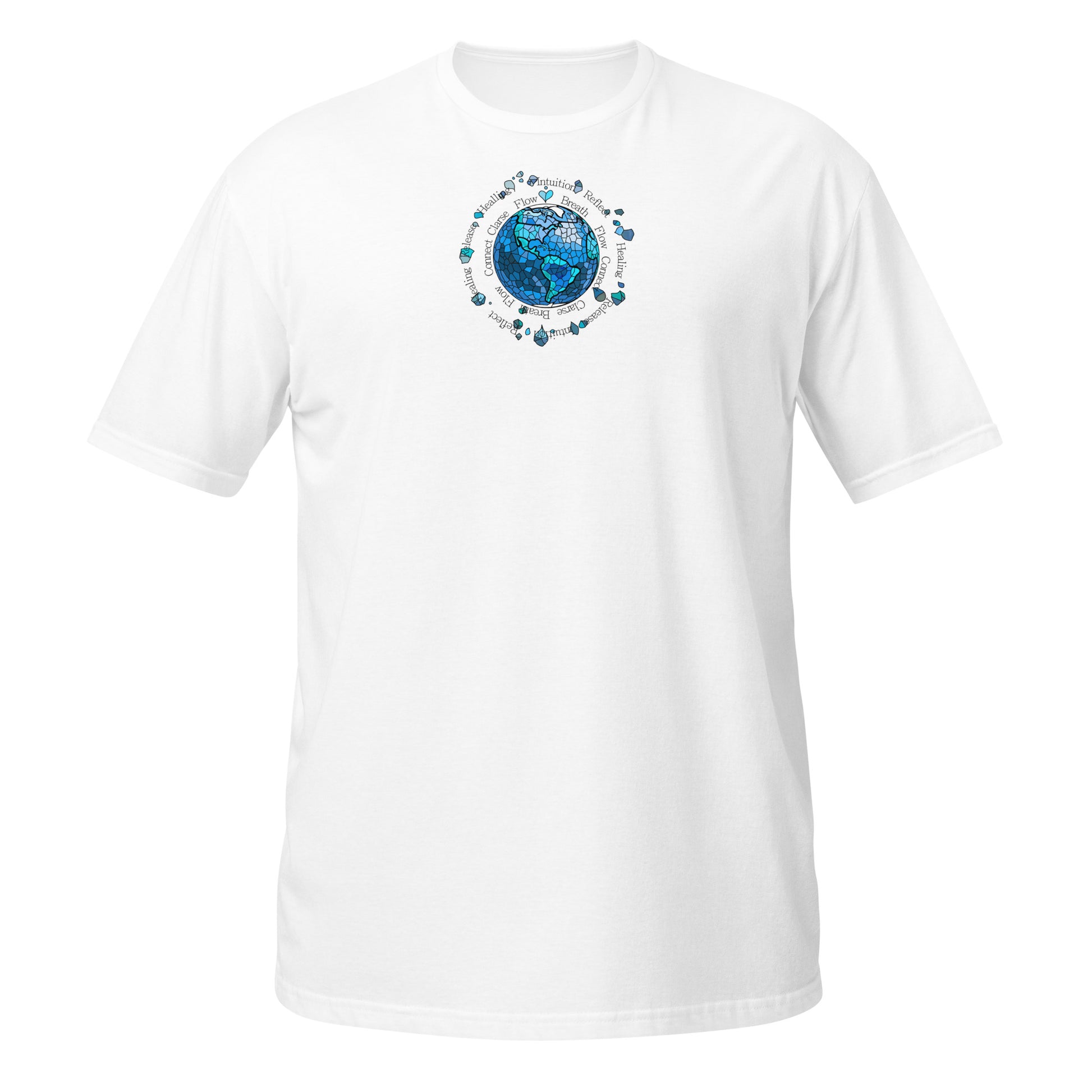 White t-shirt with a "Vision 2026 Water Element design. Sacred circle featuring Flow, Breath, and Intuition. Symbolizing spiritual healing, clarity, and the power to release the old to embrace the new flow of life."