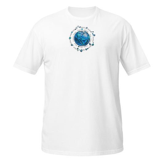 White t-shirt with a "Vision 2026 Water Element design. Sacred circle featuring Flow, Breath, and Intuition. Symbolizing spiritual healing, clarity, and the power to release the old to embrace the new flow of life."