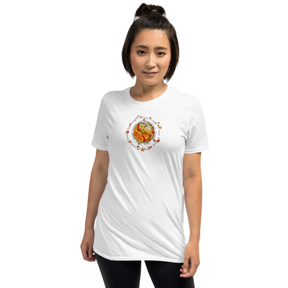 Woman wearing a White unisex T-shirt with a vibrant fire element graphic design from the Elements collection, isolated on a white background