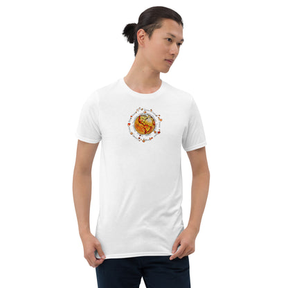 Man wearing a White unisex T-shirt with a vibrant fire element graphic design from the Elements collection, isolated on a white background