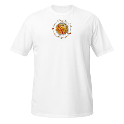 White unisex T-shirt with a vibrant fire element graphic design from the Elements collection, isolated on a white background