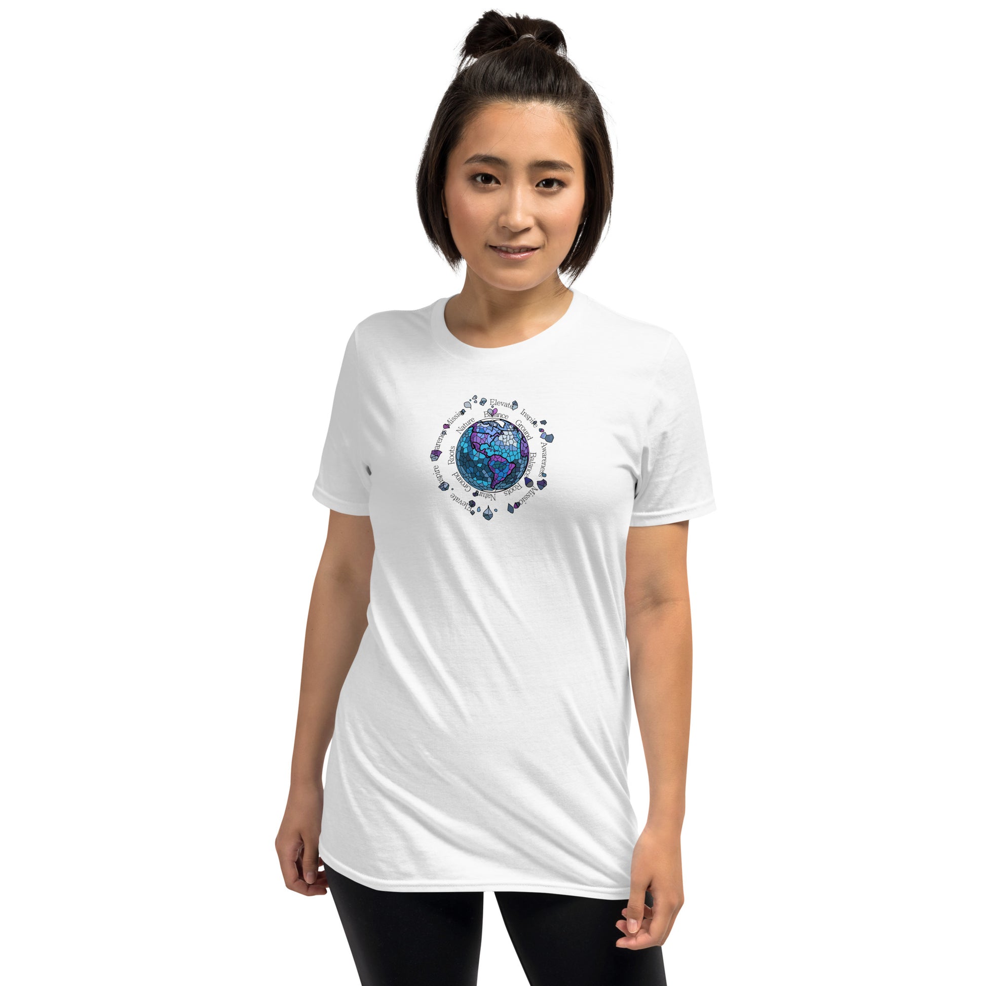 Person wearing a white t-shirt a vibrant Air element graphic design from the Elements collection, isolated on a white background