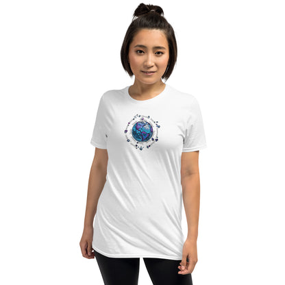 Person wearing a white t-shirt a vibrant Air element graphic design from the Elements collection, isolated on a white background