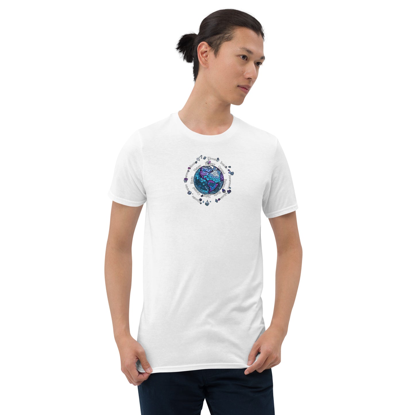 Man wearing a white t-shirt with a vibrant Air element graphic design from the Elements collection, isolated on a white background