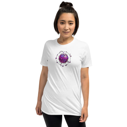 Person wearing a white t-shirt with a with a vibrant Aether element graphic design from the Elements collection, isolated on a white background