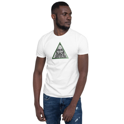 White T-shirt with a detailed graphic of an old man's face inside a green upward-pointing triangle, earth element mystic design.